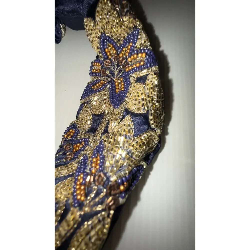 Headband Embellished Beaded Floral Knot  – Navy Blue & Gold
